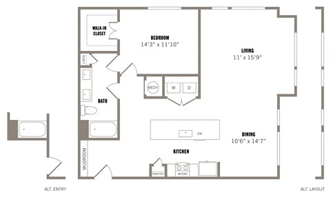 Floor plan for 1 bed, 1 bath, 1071 sqft